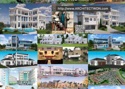 Architectural firm advertisement showcasing a variety of building designs and construction services.