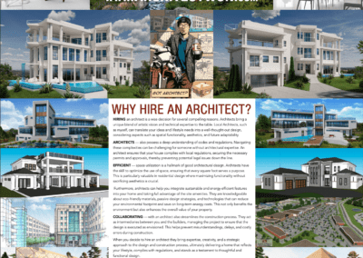 Promotional graphic for an architecture firm showcasing various architectural designs and services offered, along with contact information.